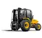 Front angled view of a yellow JCB rough terrain forklift with black forks, a straight mast and enclosed cab.