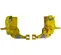 Rear view of yellow pipe cradle accessory lifting hooks with safety latches for scissor lifts.