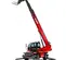 Front view of a red Magni telehandler with extended boom, stabilizers, fork attachments and enclosed cabin.