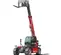Front view of a red telehandler with extended boom, forklift attachment and enclosed cabin.