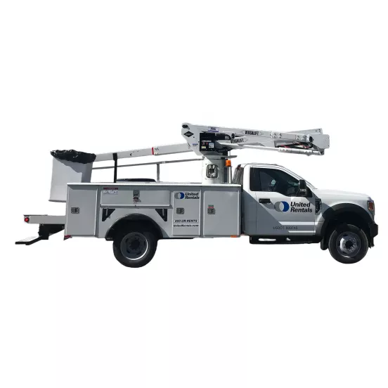 Side view of a white bucket truck featuring a United Rentals Logo with a mounted aerial lift, extendable boom and basket.