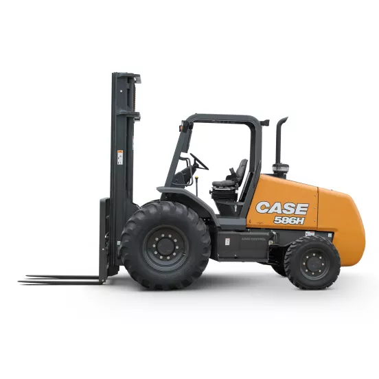 Side view of an orange CASE rough terrain forklift with black tires and straight lifting mast with black forks extended.