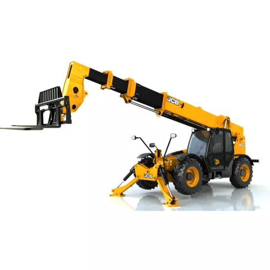 Front view of a yellow JCB telehandler with extended boom, stabilizers, fork attachments and an enclosed cabin.