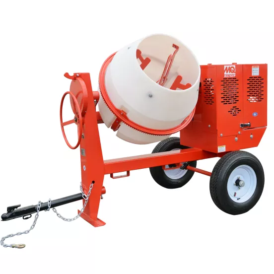 Bétonnière remorquable MULTIQUIP rouge et blanche, 0,25 m³, essence ou électrique