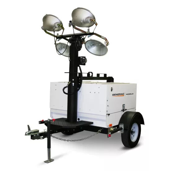 White Generac diesel powered towable light tower with generator